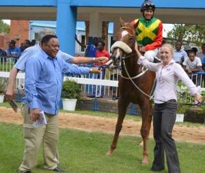 Lucky Sam was ridden by Randall Simons and trained by Bridget Stidolph